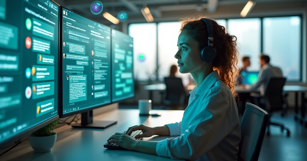 Atendente digital no WhatsApp interagindo com clientes em um ambiente de escritório moderno 