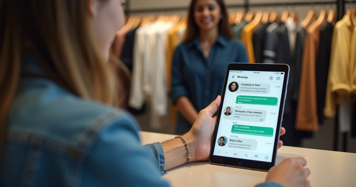 Assistente digital gerenciando vendas pelo WhatsApp em loja de roupas