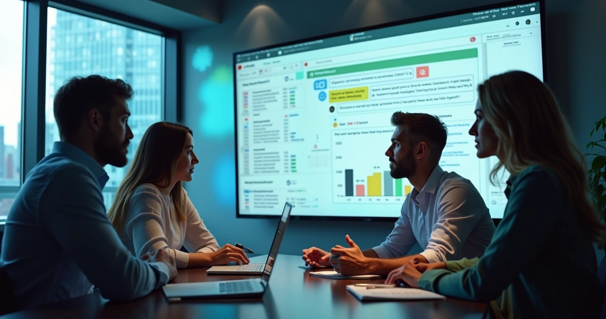 Equipe de vendas observando um chatbot em tela e análise de sentimentos 