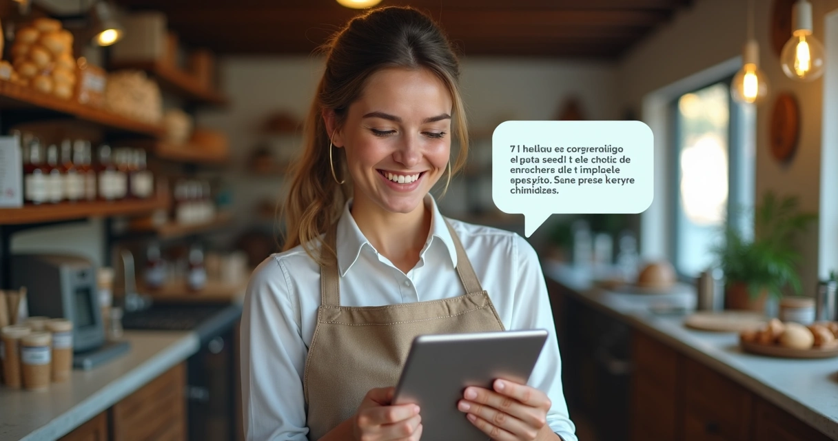 Dona de loja conversando com chatbot digital em ambiente comercial 