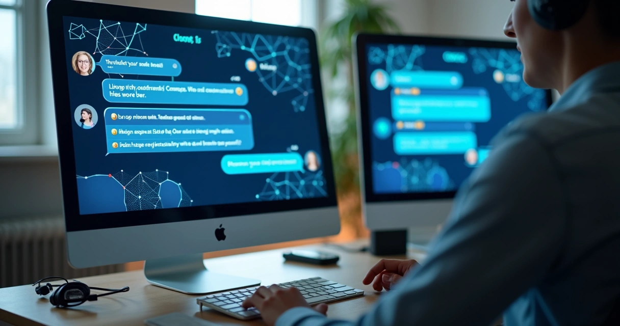 Chatbot em tela de computador interagindo com cliente digitalmente 