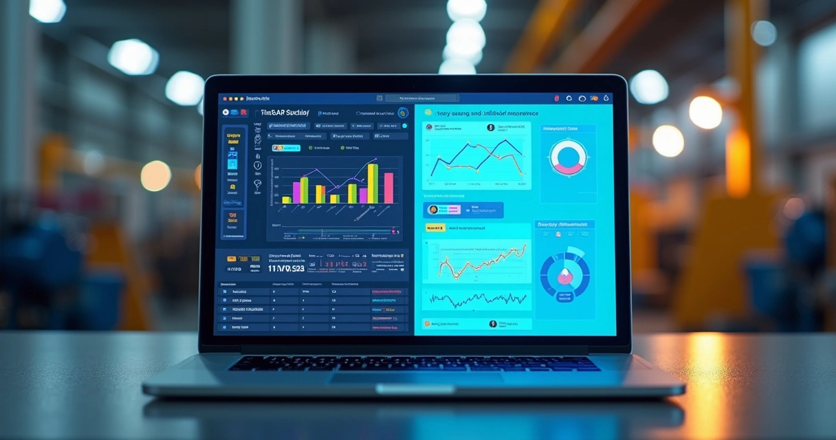 Chatbot em laptop e painel de manutenção preditiva em indústria. 