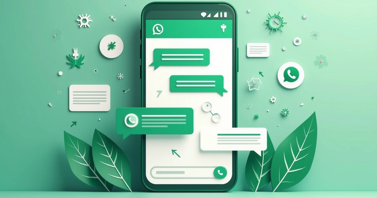 Chatbot representado em tela de smartphone enviando mensagens automáticas no WhatsApp. 