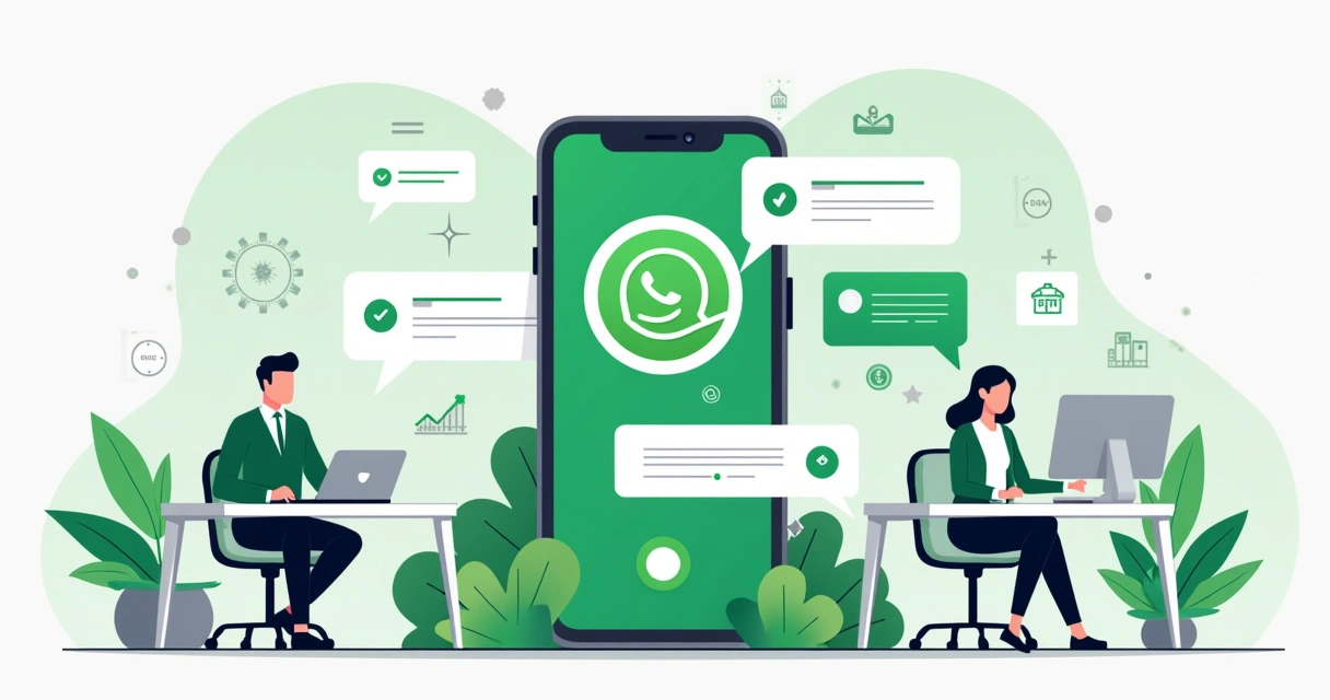 Ilustração de chatbot de WhatsApp ajudando empresa em vendas e atendimento 