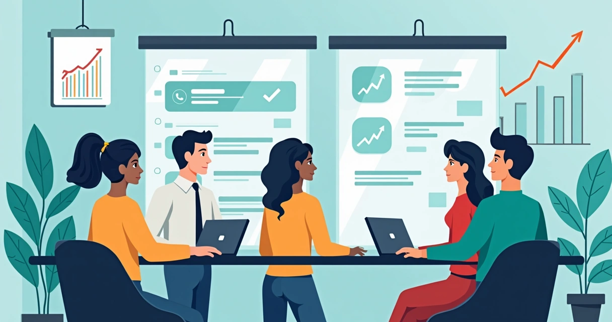 Ilustração de chatbots trabalhando junto a equipes humanas, com gráficos de crescimento ao fundo. 