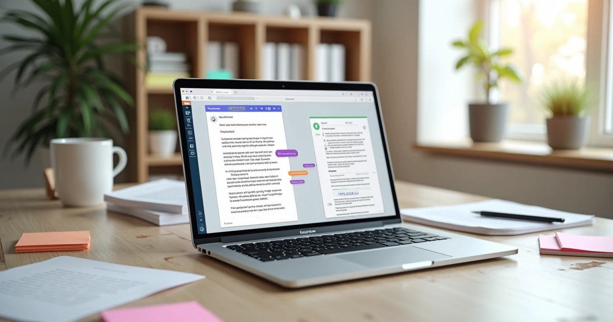 Tela de laptop exibindo chat com edição de PDF lado a lado com painel do Acrobat em ambiente de trabalho claro 