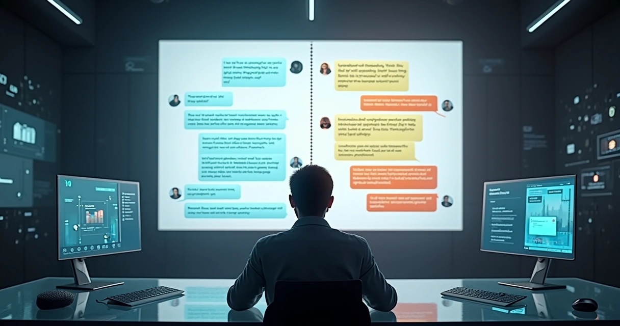 Ilustração conceitual de tela de chat de IA dividida entre respostas neutras e anúncios patrocinados 