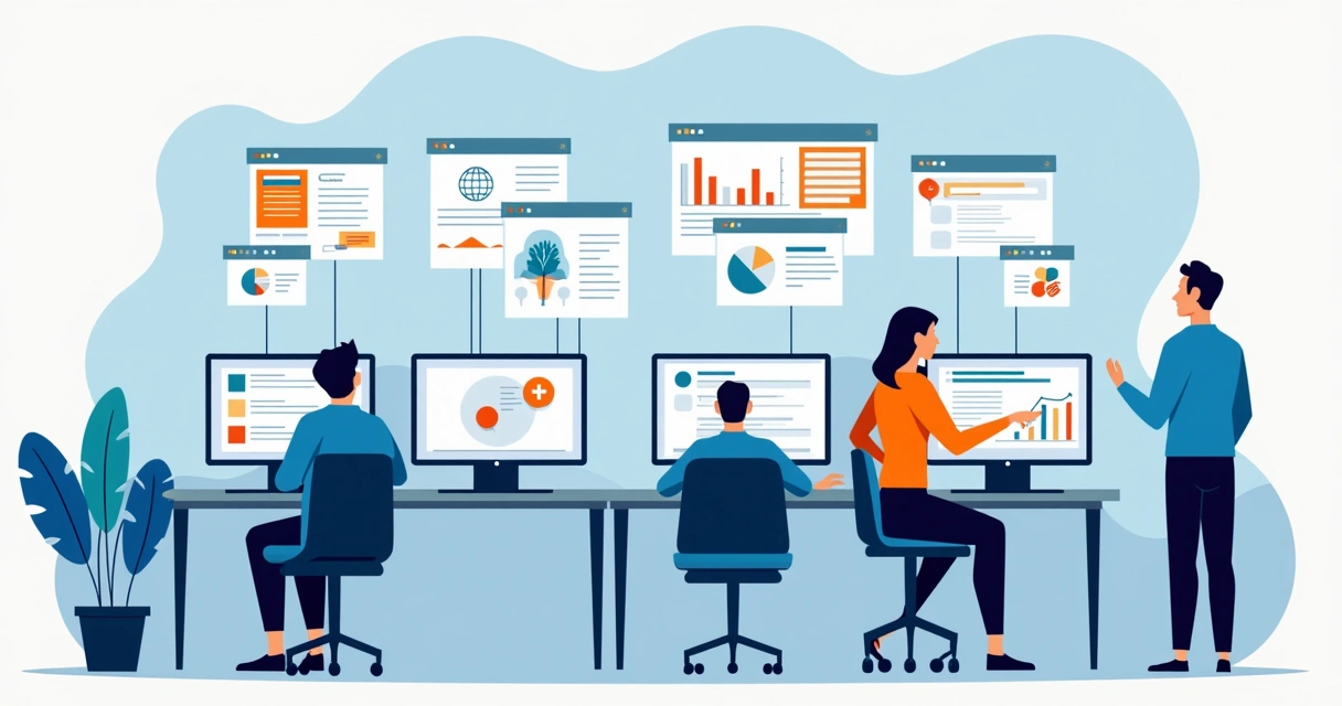 Ícones do ChatGPT e Copilot conectados a telas de computador com gráficos de dados e documentos corporativos 