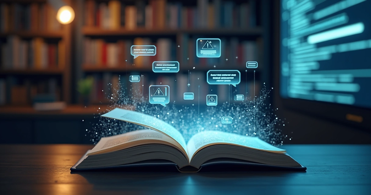 Livro aberto com interface digital de IA projetada ao redor 
