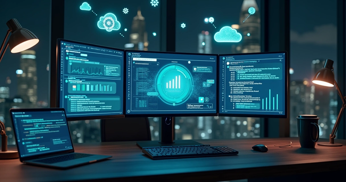 Tela com assistente de IA ao lado de painel de dados de negócios em escritório moderno 