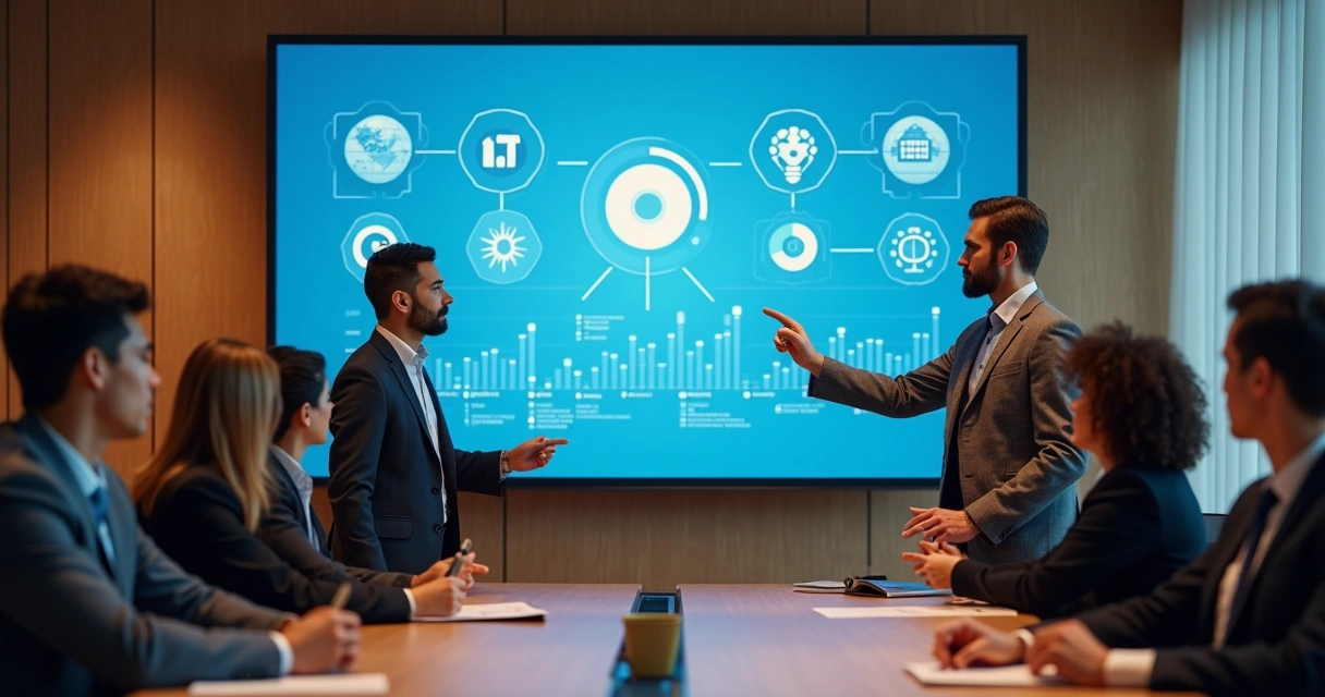 Profissionais de fintech discutindo meios de aparecer no ChatGPT em reunião 