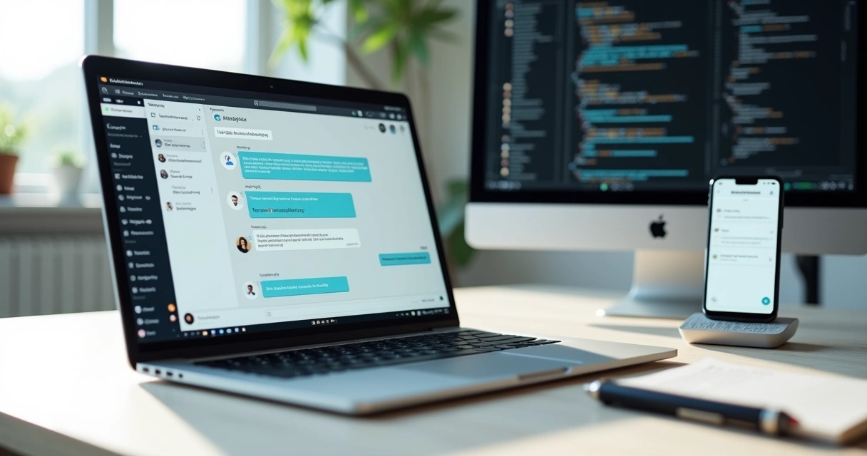 Tela de computador com interface do ChatGPT aberta ao lado de um celular em uma mesa de trabalho moderna 