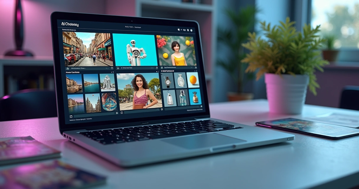 Tela com geração de imagens de inteligência artificial ao lado de fotos sendo editadas 