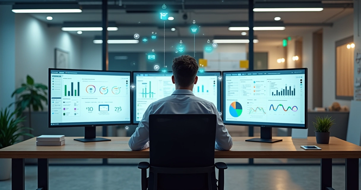 Painel de marketing digital com ChatGPT coordenando automações em telas e dashboards 