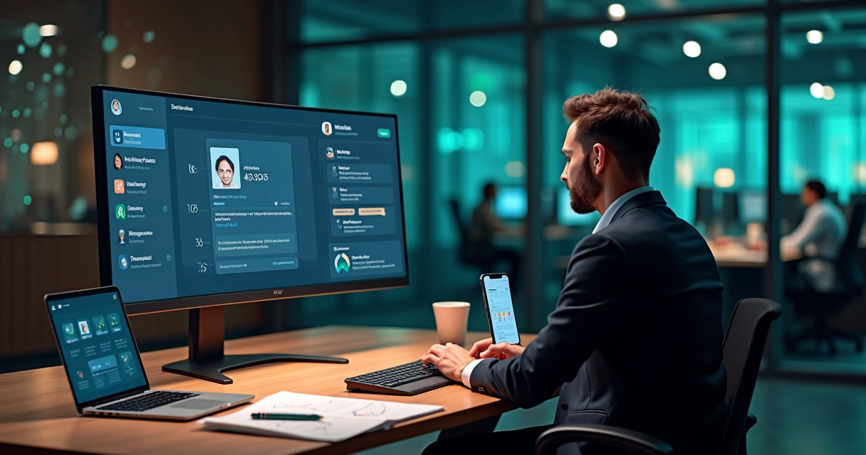 Gestor analisando painel de IA com integrações de WhatsApp Instagram e CRM 