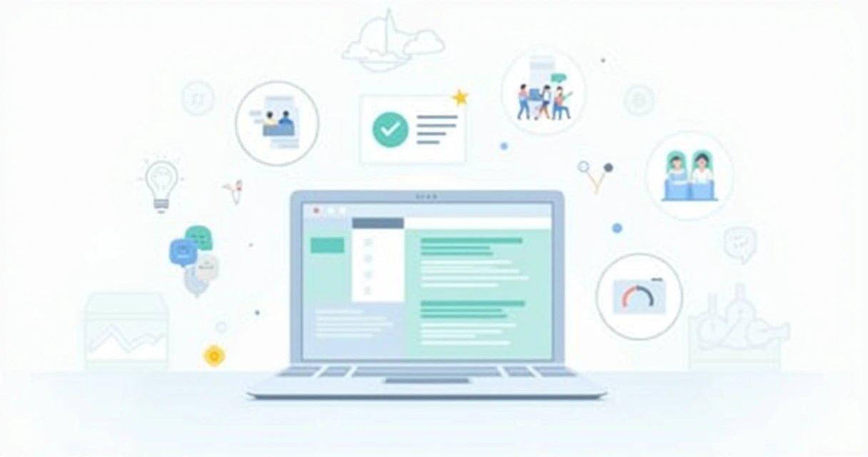 Ilustração de um laptop mostrando a interface do ChatGPT Plus e ícones de benefícios ao redor.