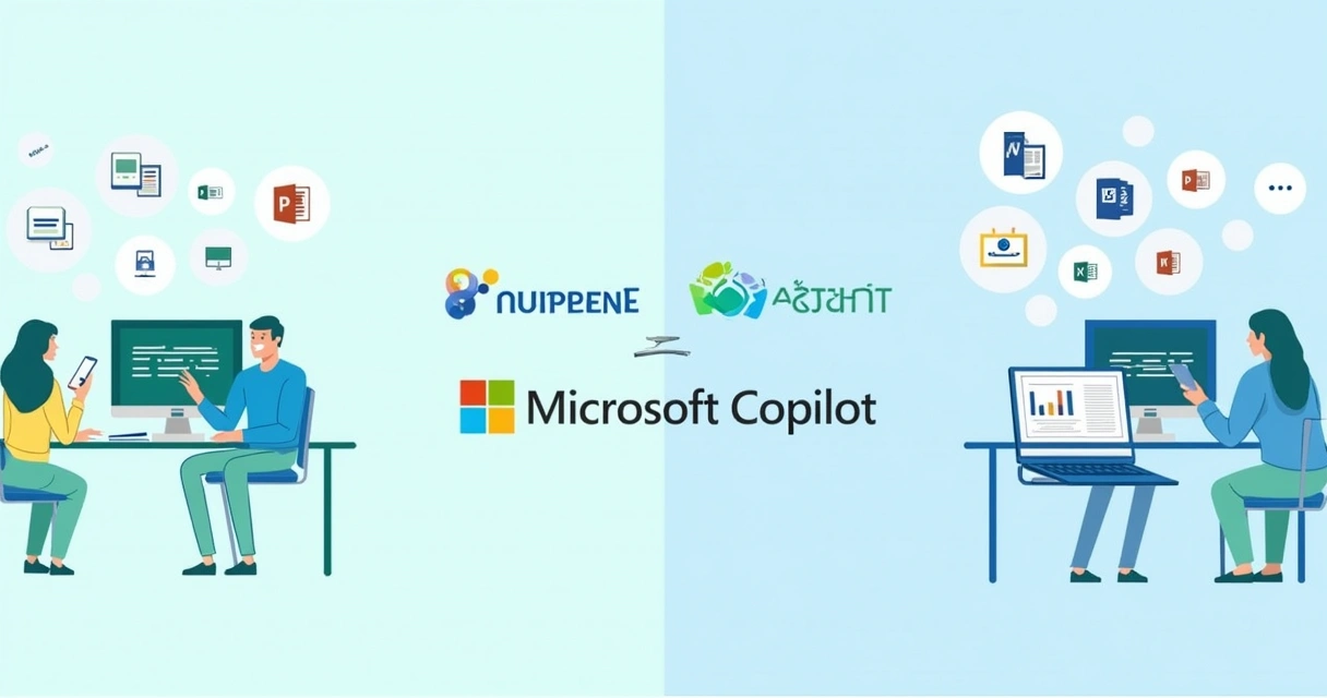 Ilustração mostrando ChatGPT Plus como assistente criativo e Microsoft Copilot como assistente de trabalho.