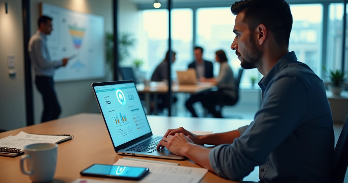 Empreendedor brasileiro usando notebook com painel de vendas e ícone de IA na tela 