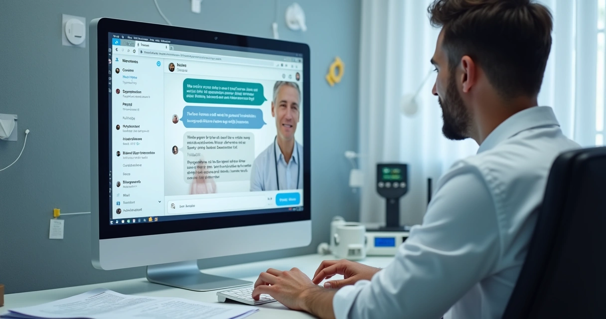 Clínico olhando para tela de computador com interface de ChatGPT mostrando perguntas e respostas de saúde