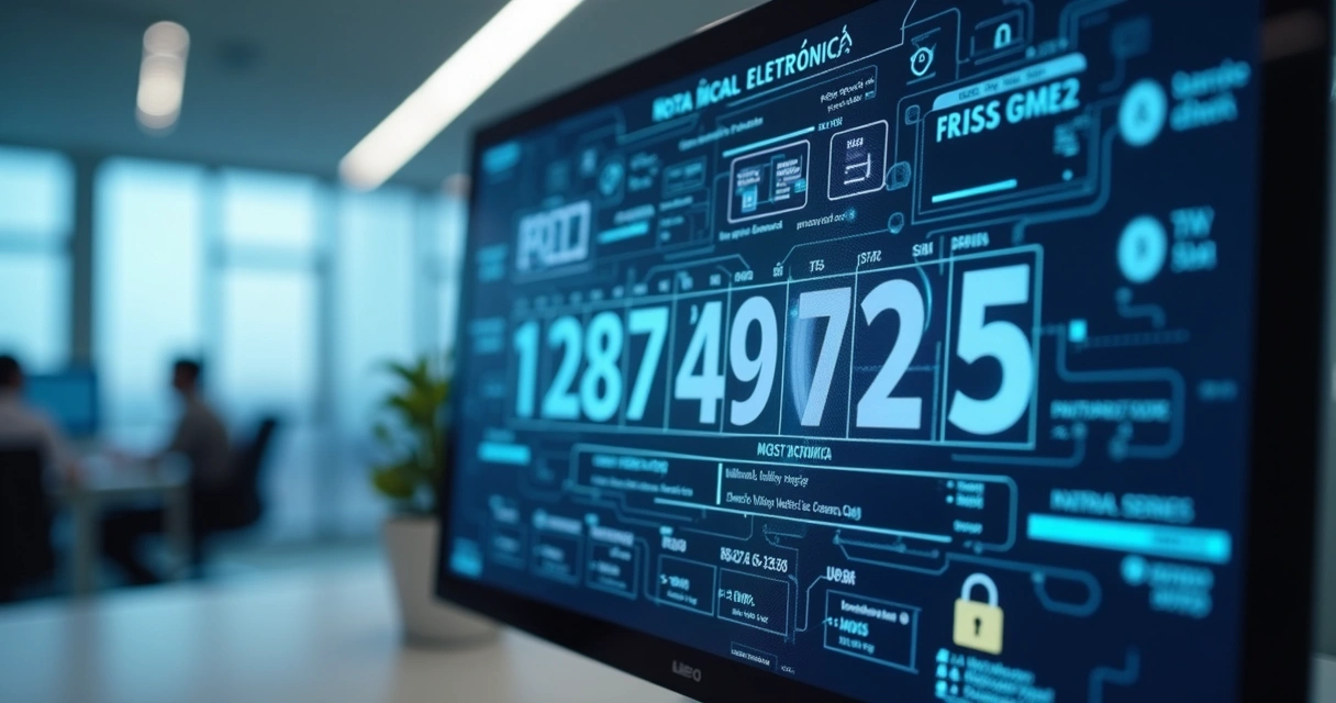 Tela de computador exibindo uma chave de acesso de nota fiscal eletrônica com 44 dígitos detalhados e gráficos de segurança digital ao fundo 