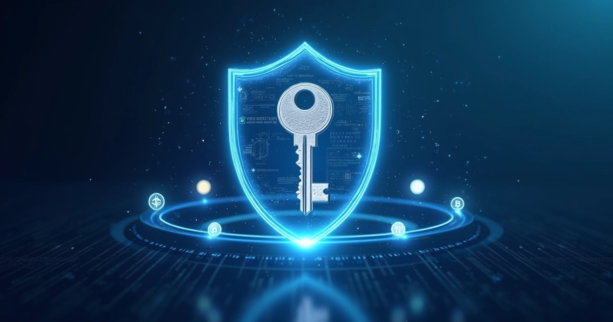 Chave digital brilhante protegida por escudo com ícones de criptomoedas 