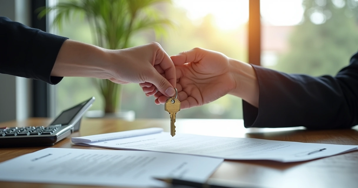 Pessoa segurando chave de uma casa nova com contrato sobre a mesa 