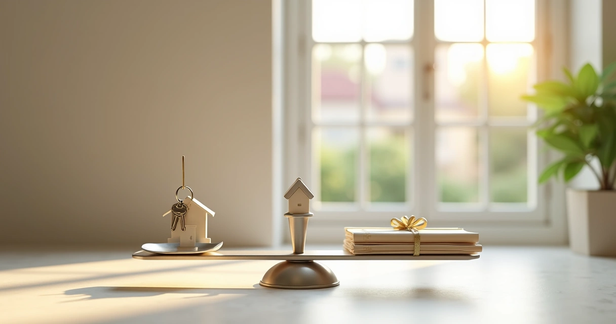 Chave de casa presa a mini balança da justiça em ambiente claro 