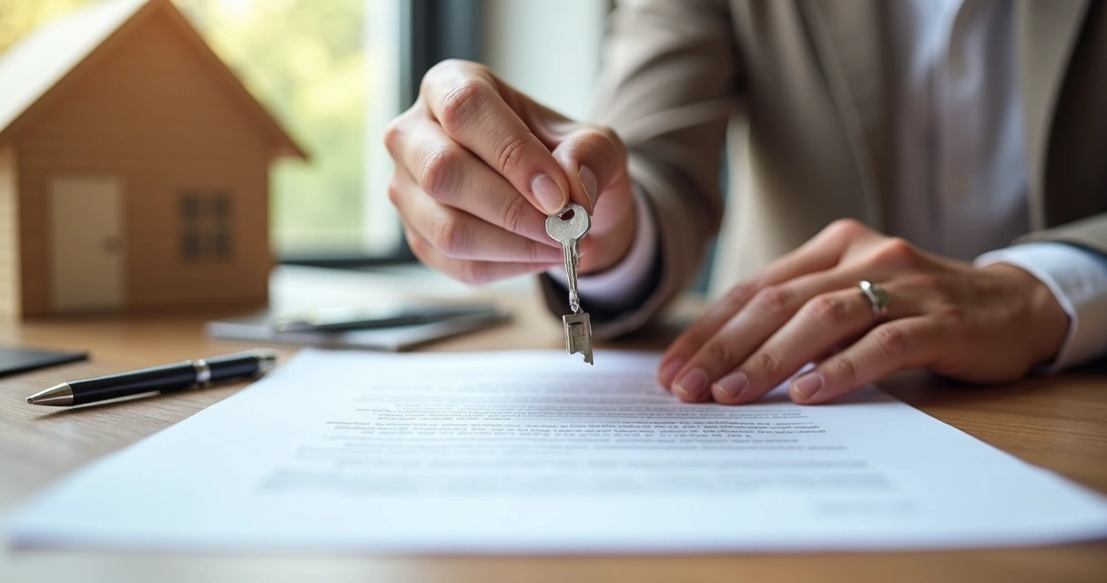 Pessoa segurando chave de casa com contrato assinado na mesa
