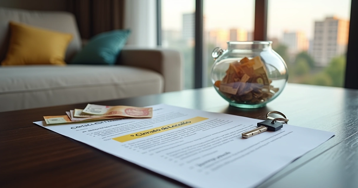 Chave de apartamento sobre contrato de aluguel com cofre de vidro ao fundo 