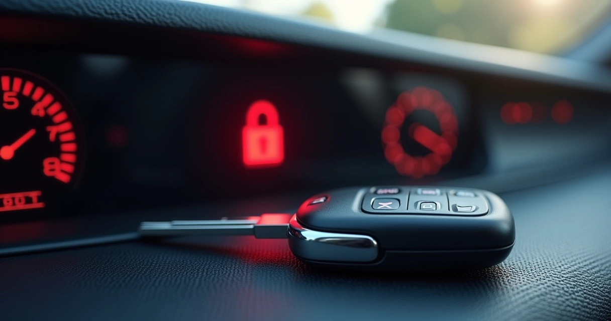 Chave codificada perto de painel automotivo com luz de cadeado acesa 