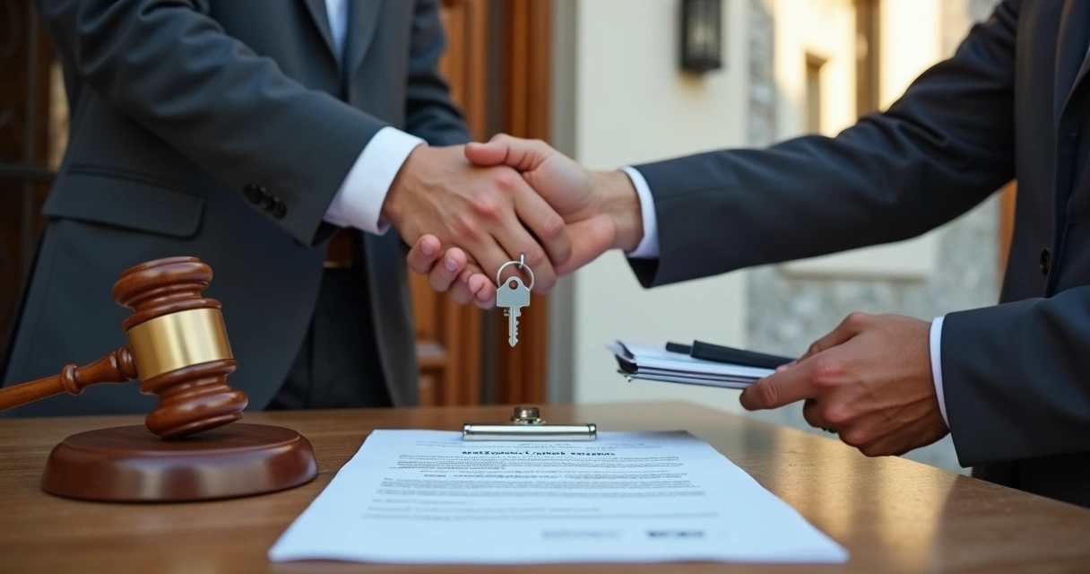 Juiz entregando chave de imóvel arrematado em leilão para investidor em frente à casa 