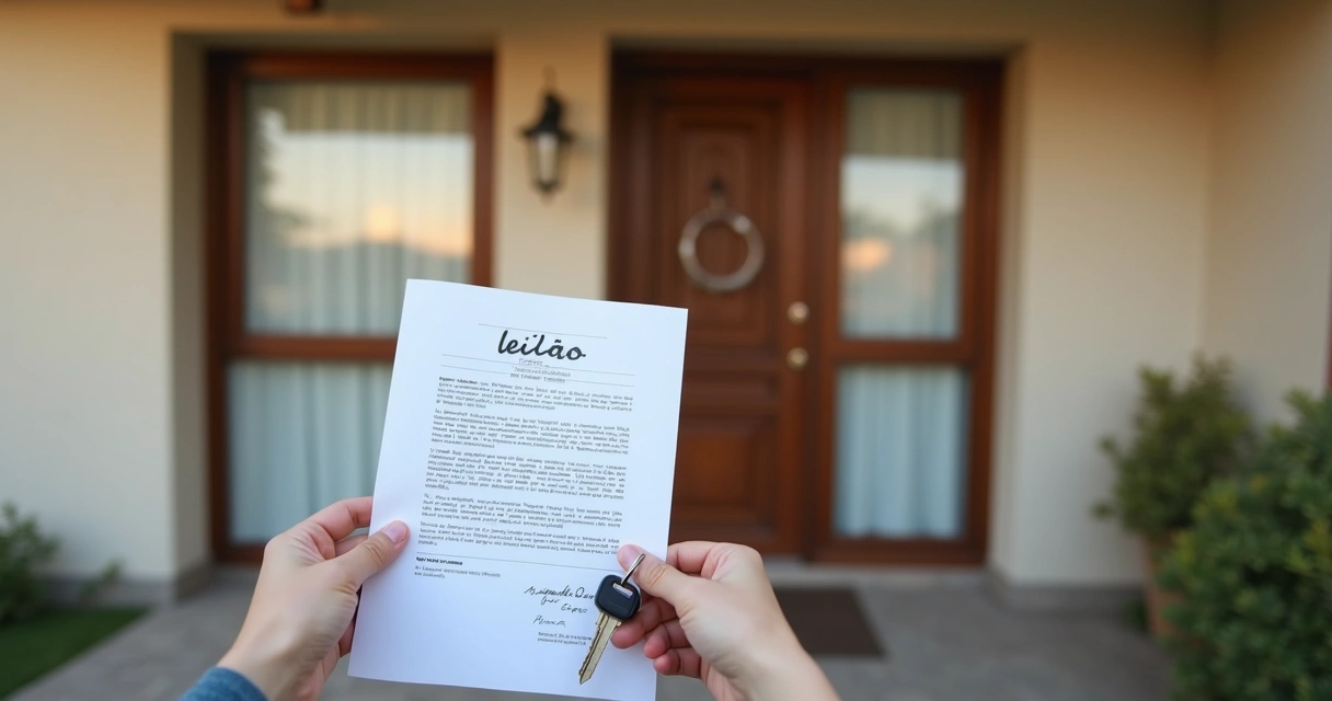 Pessoa com chave e contrato à frente de casa leiloada 