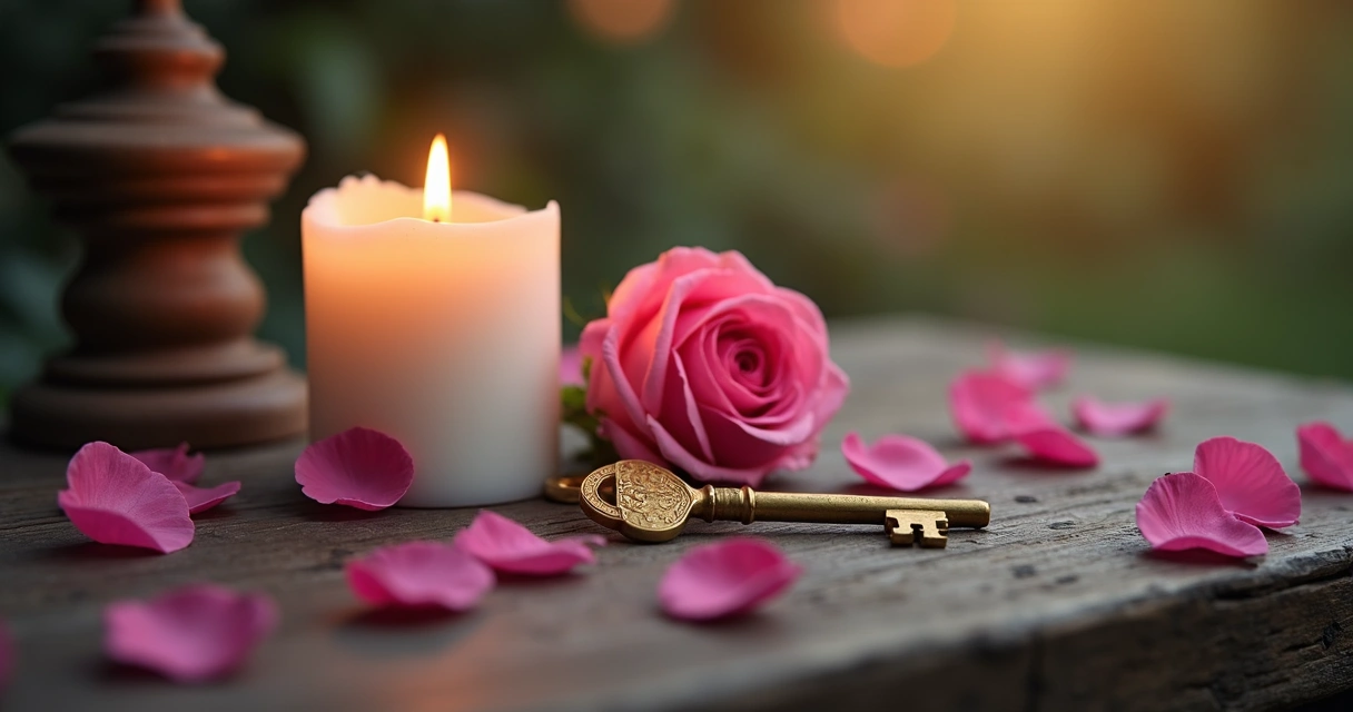 chave dourada junto a uma vela acesa e pétalas de rosas em mesa de madeira 