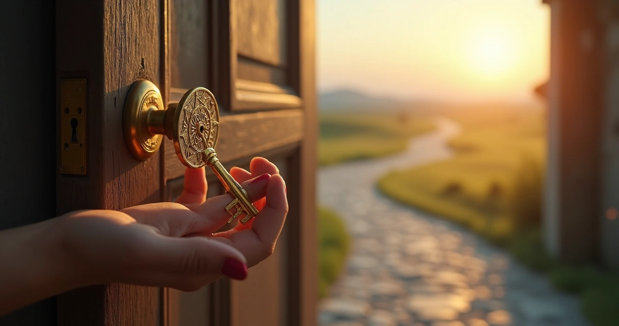 Chave dourada luminosa abrindo uma porta para um horizonte de prosperidade 