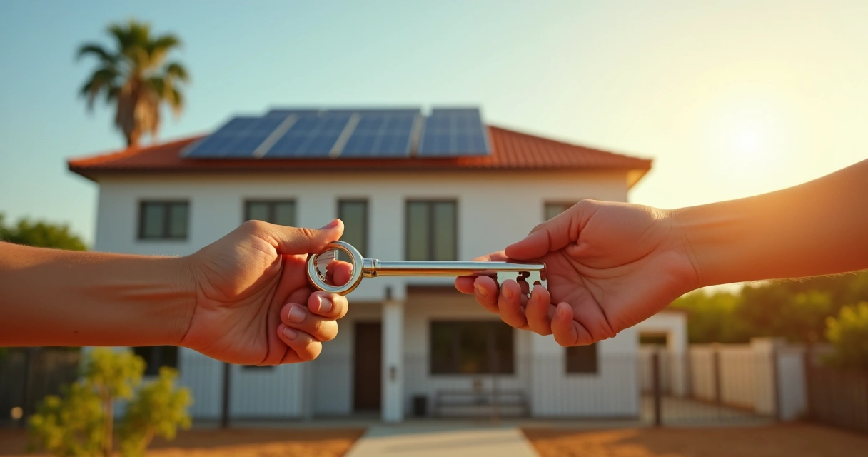 Entrega simbólica de chave diante de casa com usina solar no telhado 