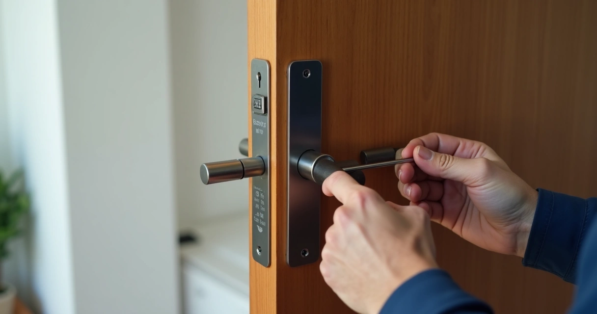 Chaveiro trocando fechadura de porta de madeira