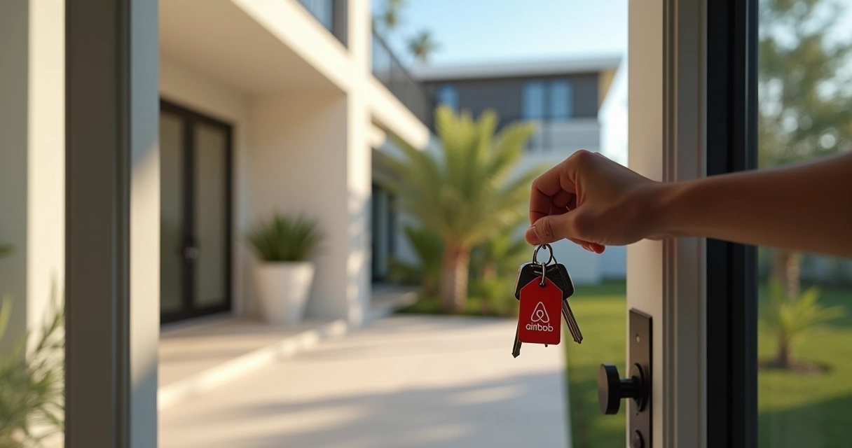 Mão segurando chaves de um imóvel com tag do Airbnb na entrada de uma casa moderna 
