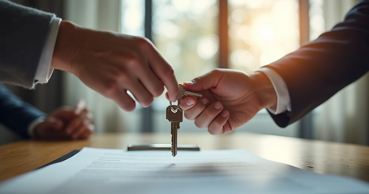 Chaves do imóvel sendo entregues em mão ao lado de contrato em apartamento vazio