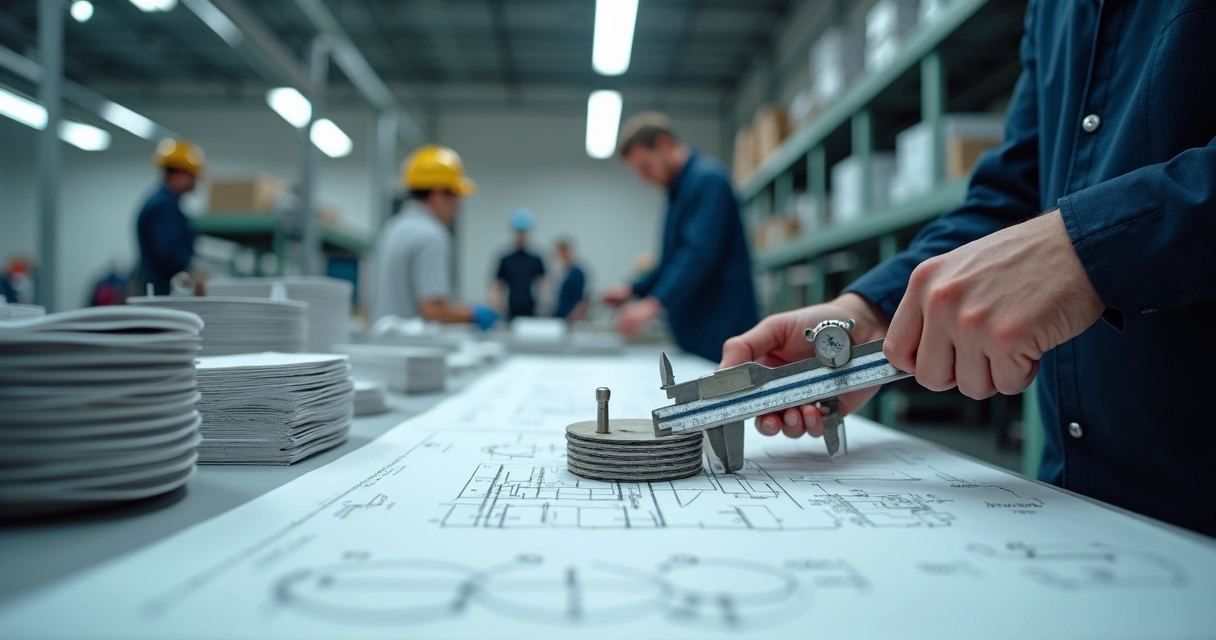 Técnico inspecionando acessórios de papel e celulose em bancada 