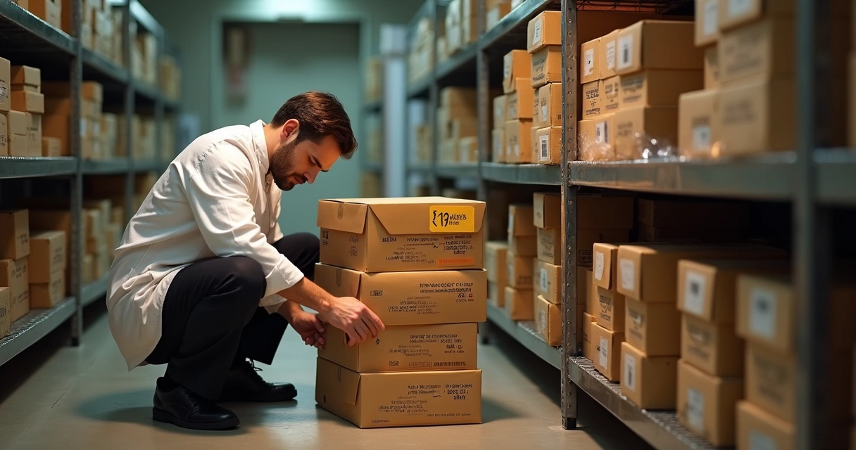 Funcionário conferindo data de validade em caixa de alimentos empilhada