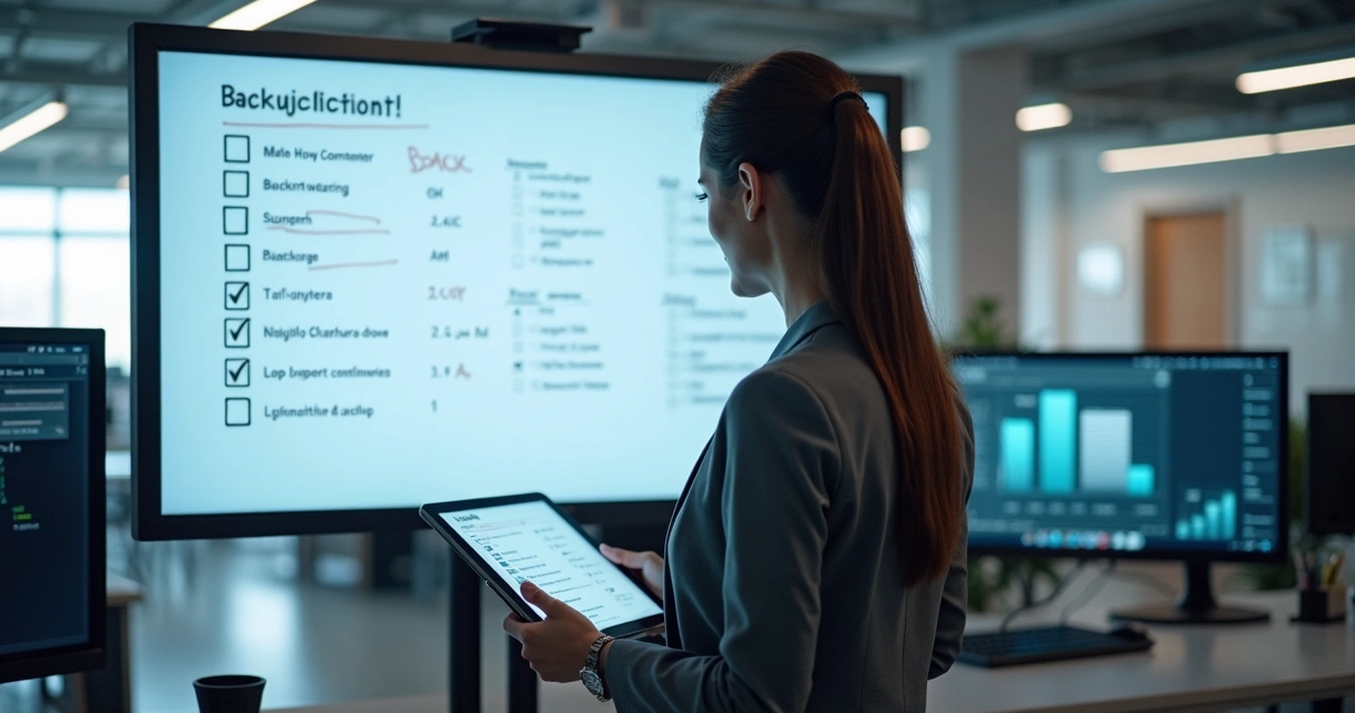 Profissional conferindo checklist de backup em escritório contábil 