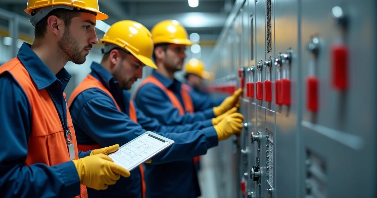 Equipe de manutenção realizando checagem e bloqueio em painel industrial 