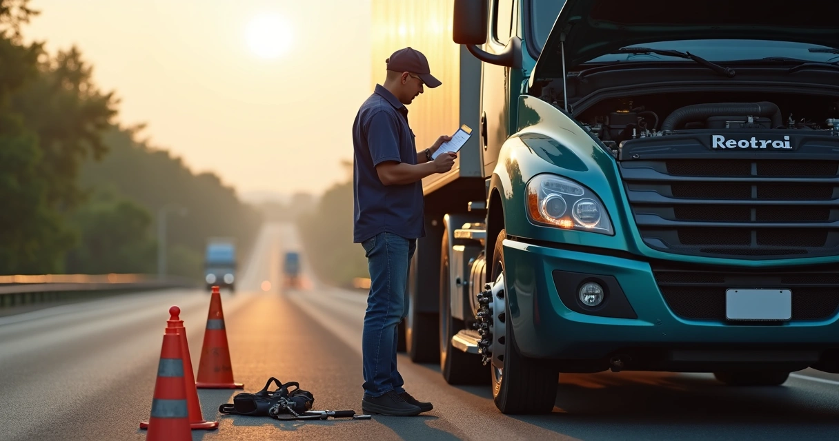 Caminhoneiro conferindo motor de caminhão na estrada.