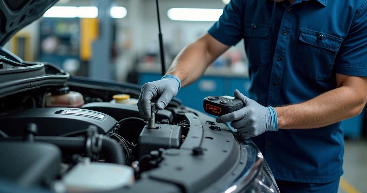 Checagem de componentes do motor durante revisão automotiva