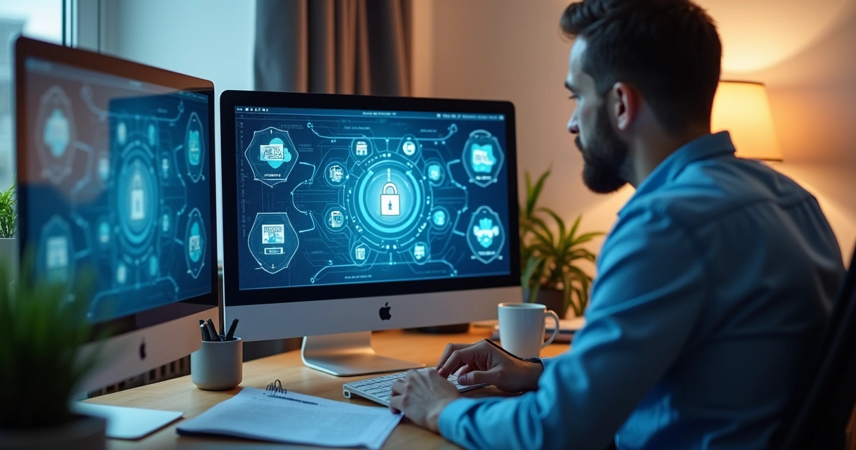 Consultor analisando checklist de compliance em computador