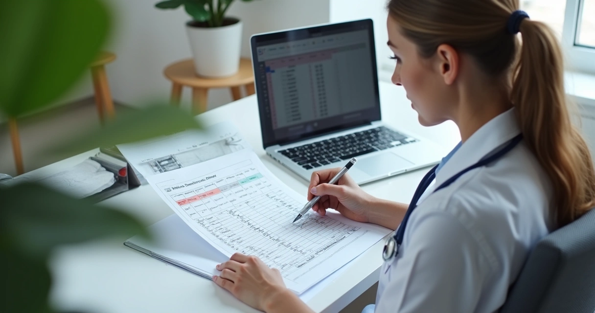 Profissional de saúde analisando planilhas de dados de pacientes 