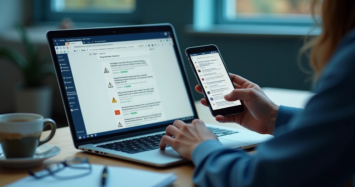 Pessoa verificando informações em tela com alertas visuais 