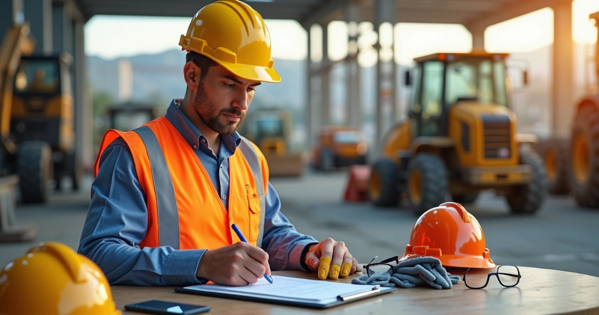 Técnico de segurança do trabalho preenchendo checklist diário em prancheta, com equipamentos de proteção e máquinas ao fundo 