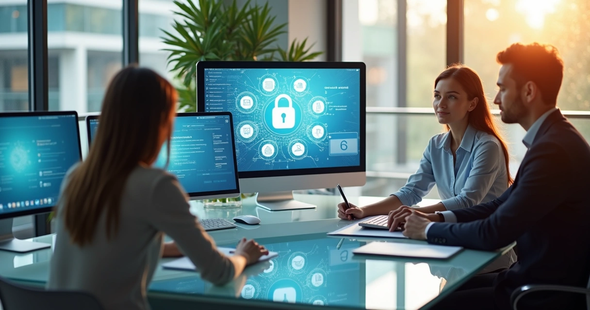 Equipe de RH analisando documentos digitais em telas de computador 