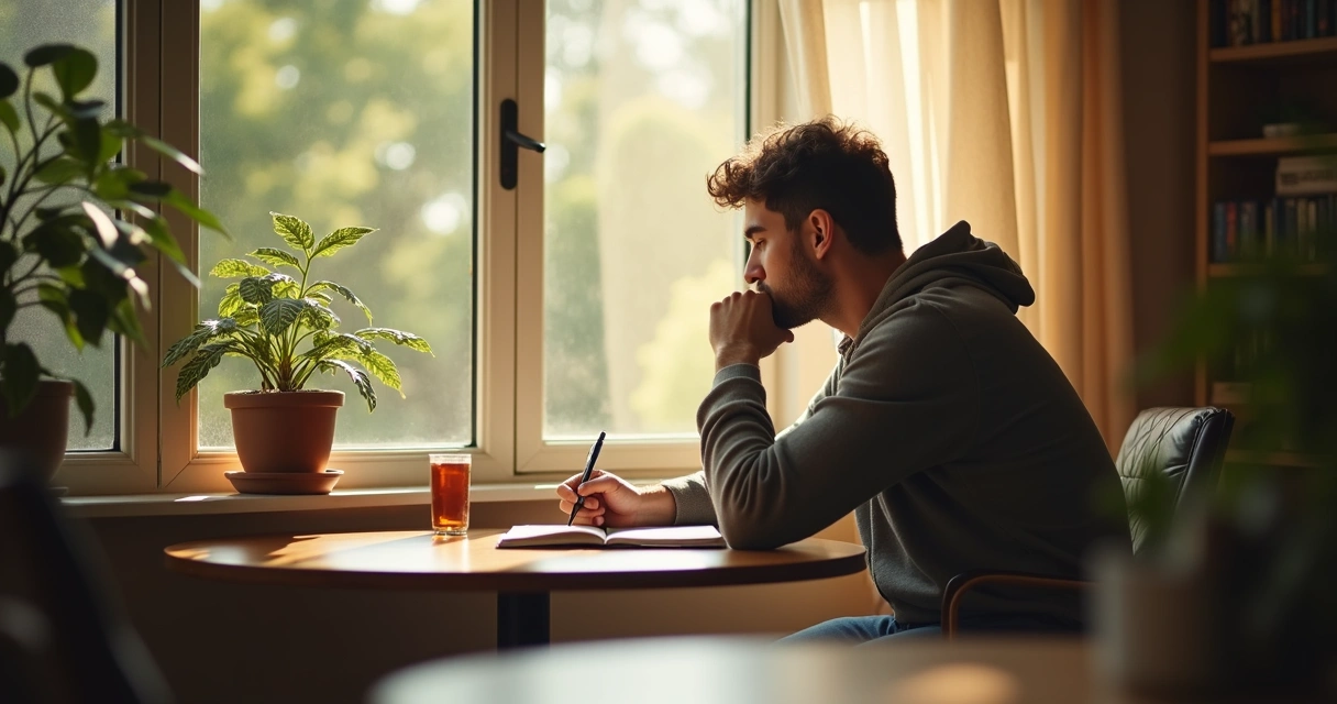 Homem refletindo sentado próximo a uma janela, com caderno